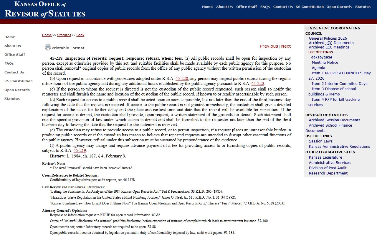Ellis County criminal court records KORA inspection request statute