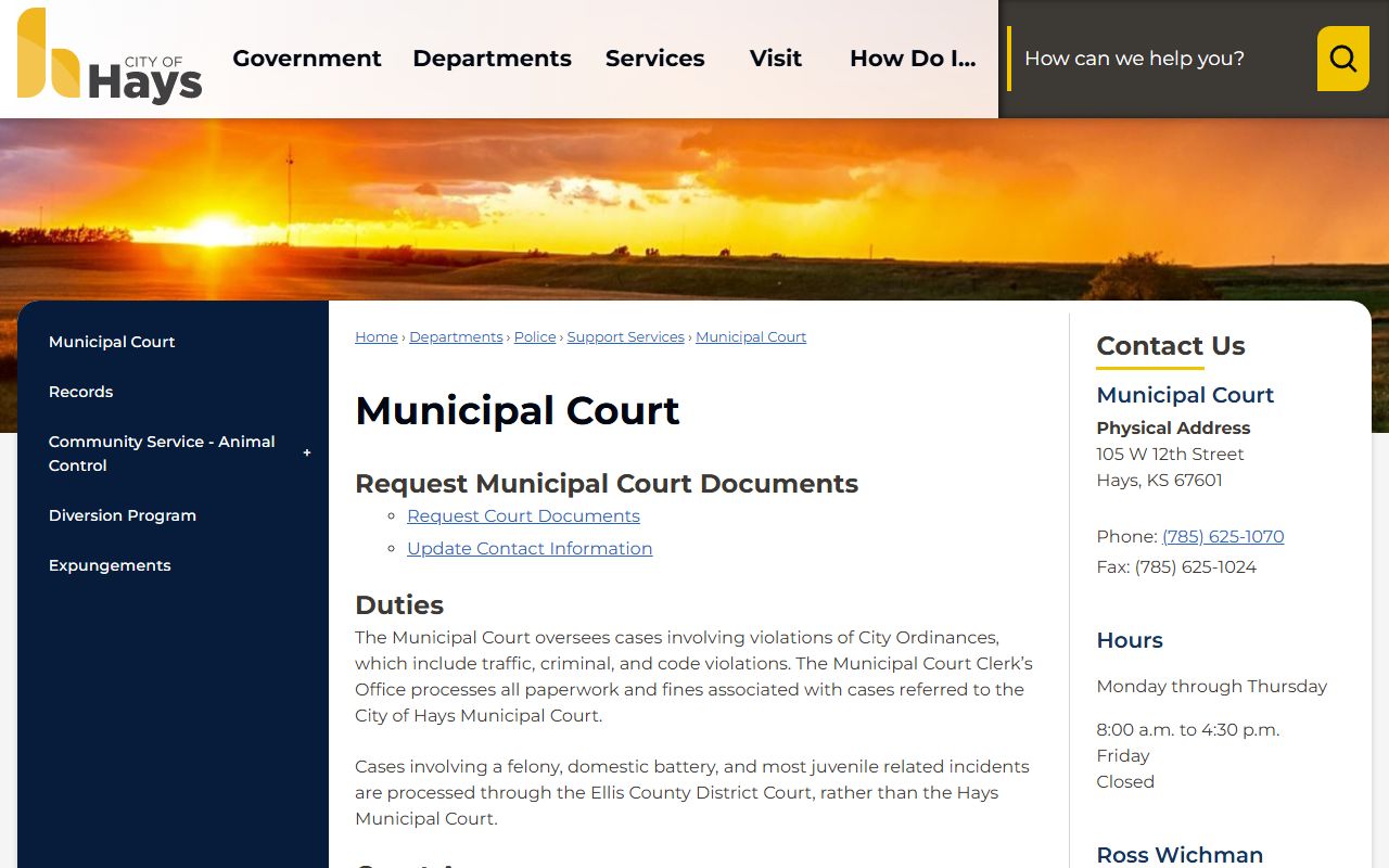 Ellis County traffic court records source for Hays Municipal Court